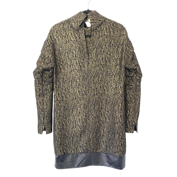 Mart Size 0 Metallic Gold Black Structured Mini Dress Lambskin Leather Trim Silk - Picture 13 of 13